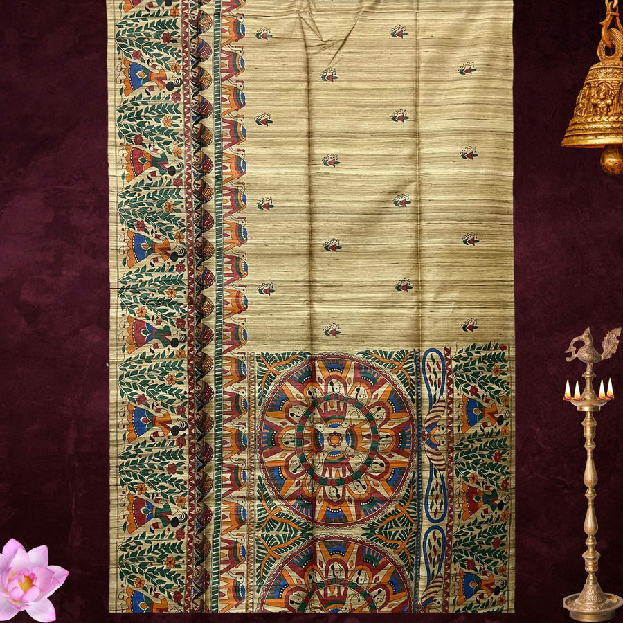 Painted Tussar | Silk Saree (Intricate Design) - Dark Beige (Ghee) Colour - Taalapatra