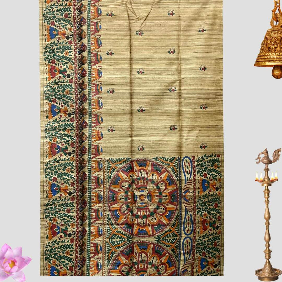 Painted Tussar | Silk Saree (Intricate Design) - Dark Beige (Ghee) Colour - Taalapatra