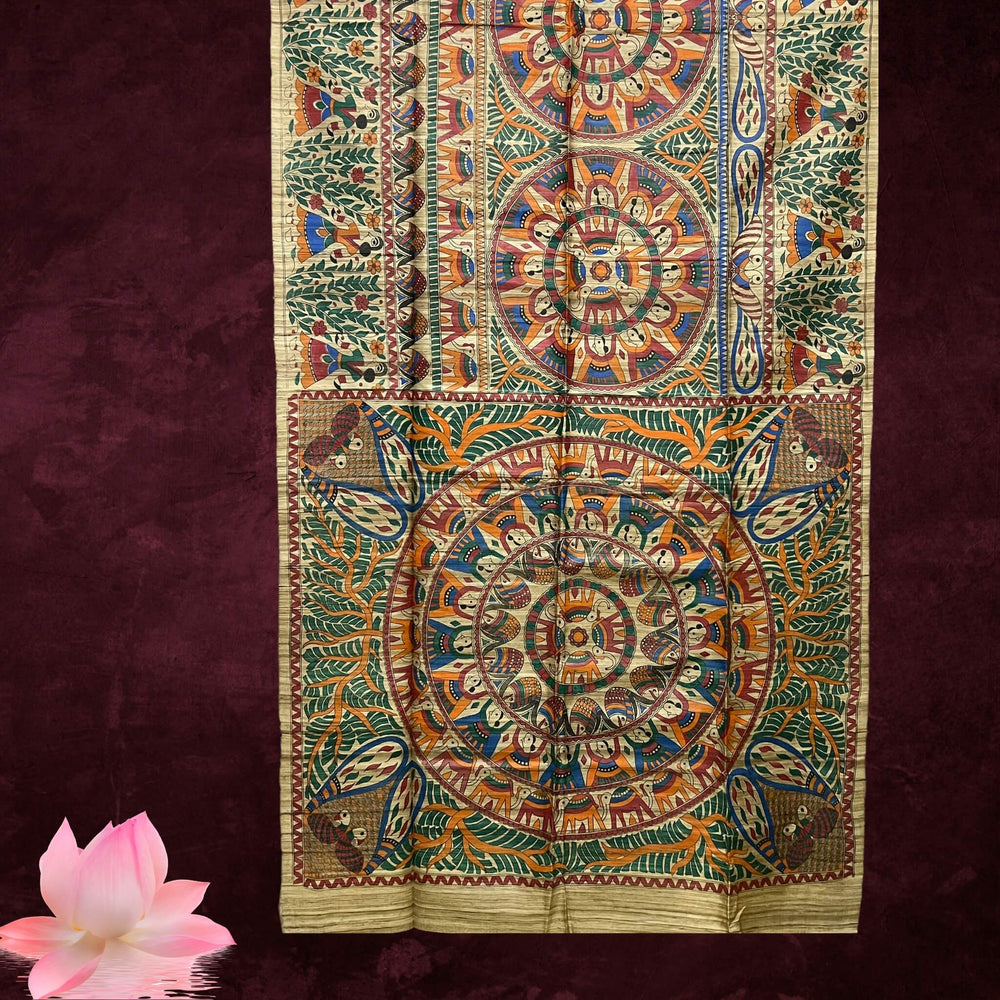 Painted Tussar | Silk Saree (Intricate Design) - Dark Beige (Ghee) Colour - Taalapatra