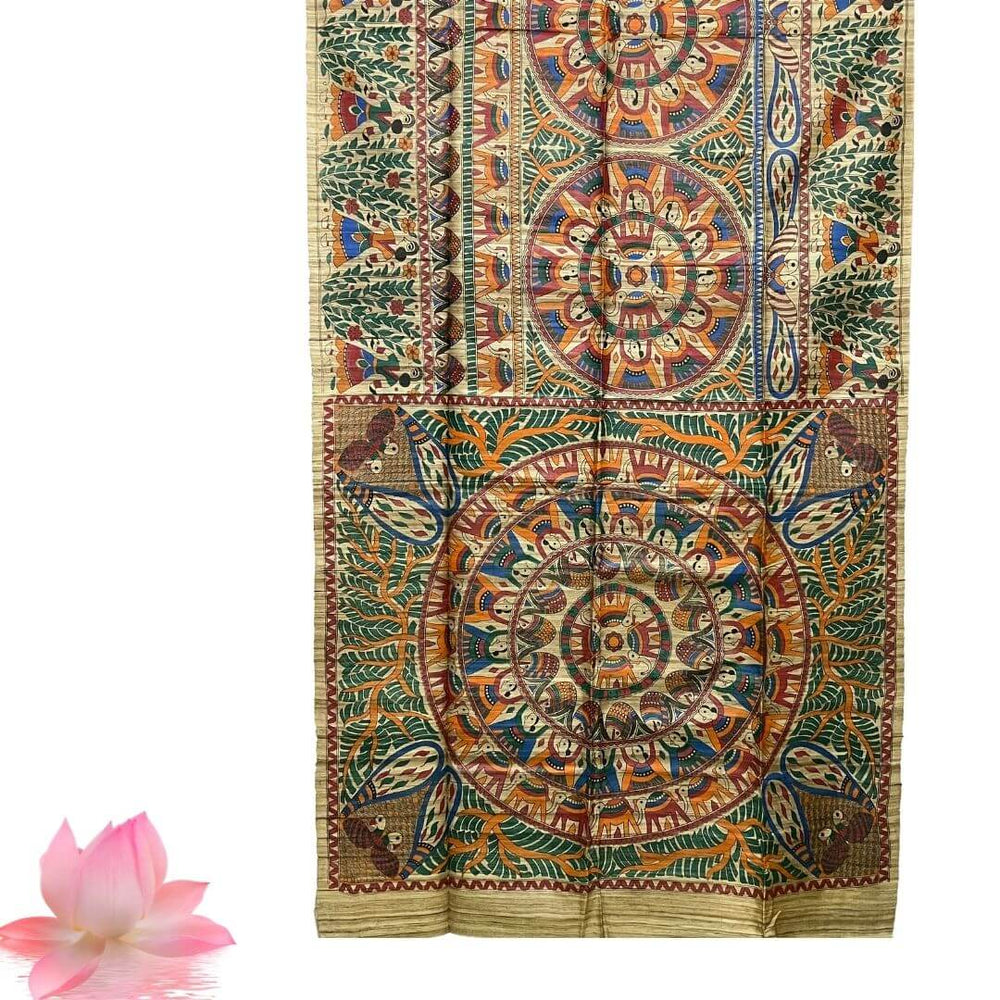 Painted Tussar | Silk Saree (Intricate Design) - Dark Beige (Ghee) Colour - Taalapatra Vibes