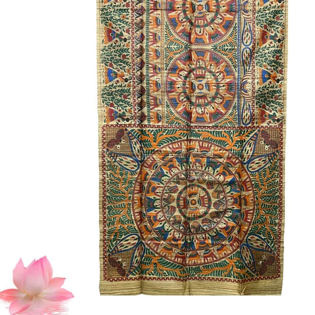 Painted Tussar | Silk Saree (Intricate Design) - Dark Beige (Ghee) Colour - Taalapatra Vibes
