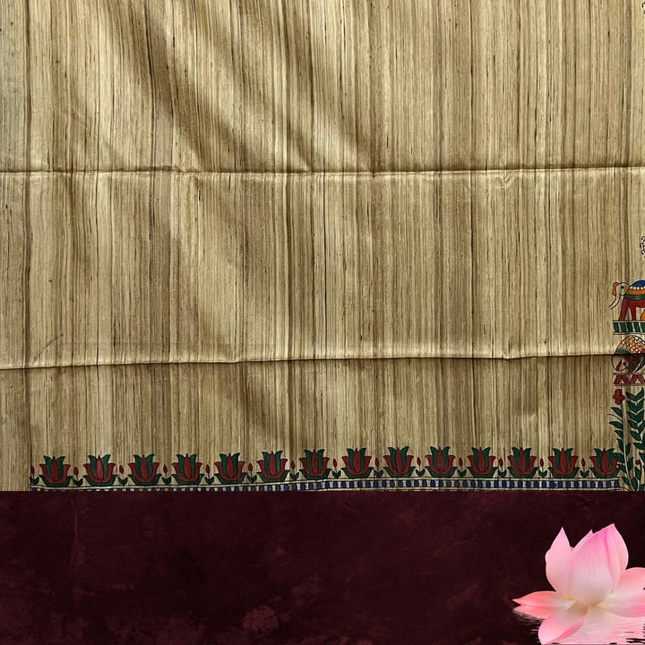 Painted Tussar | Silk Saree (Intricate Design) - Dark Beige (Ghee) Colour - Taalapatra