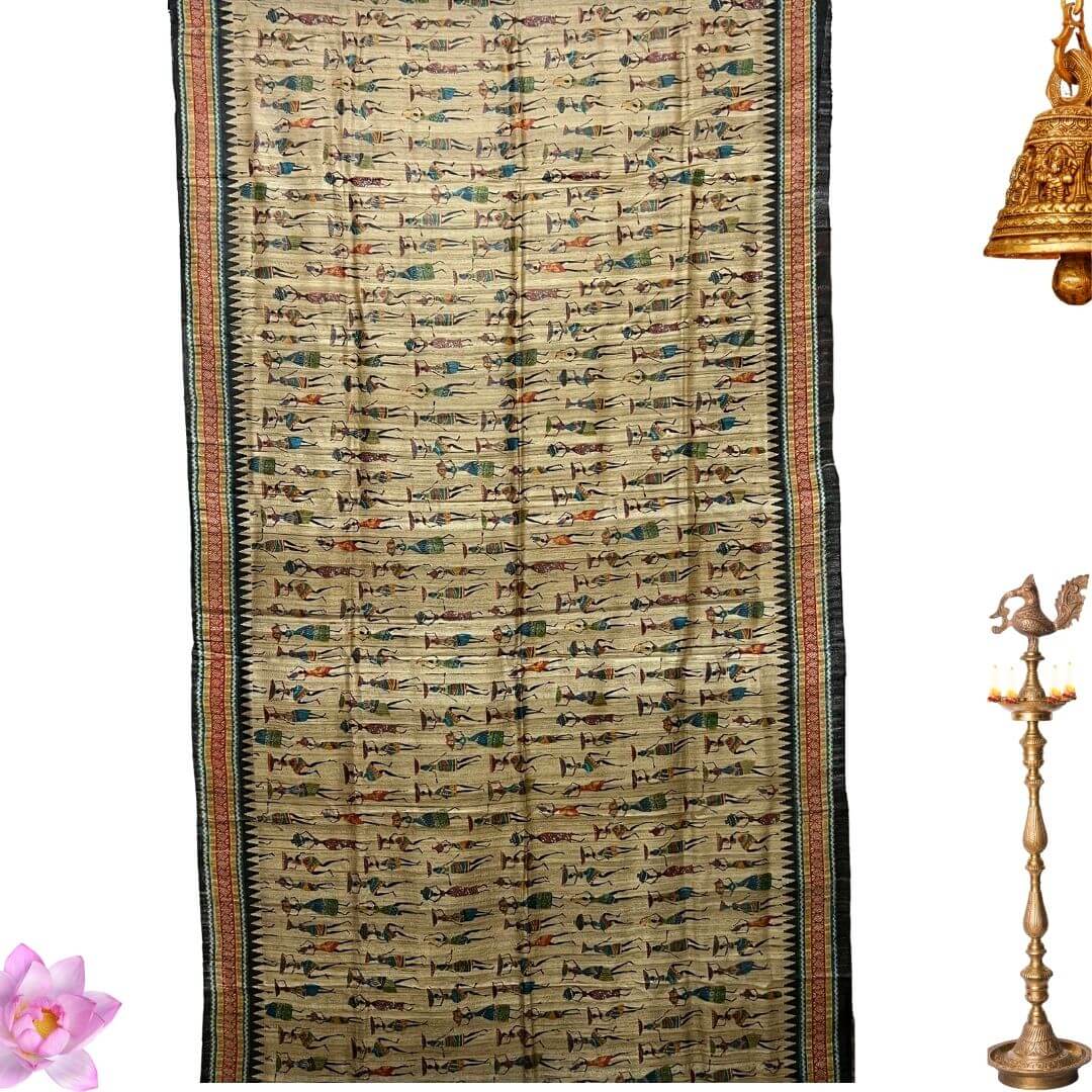 Hand Painted Tussar | Silk Saree (Tribal Design) - Dark Beige (Ghee) Colour - Taalapatra Vibes