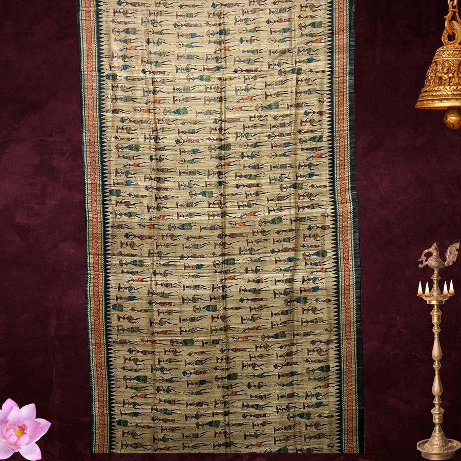 Hand Painted Tussar | Silk Saree (Tribal Design) - Dark Beige (Ghee) Colour - Taalapatra