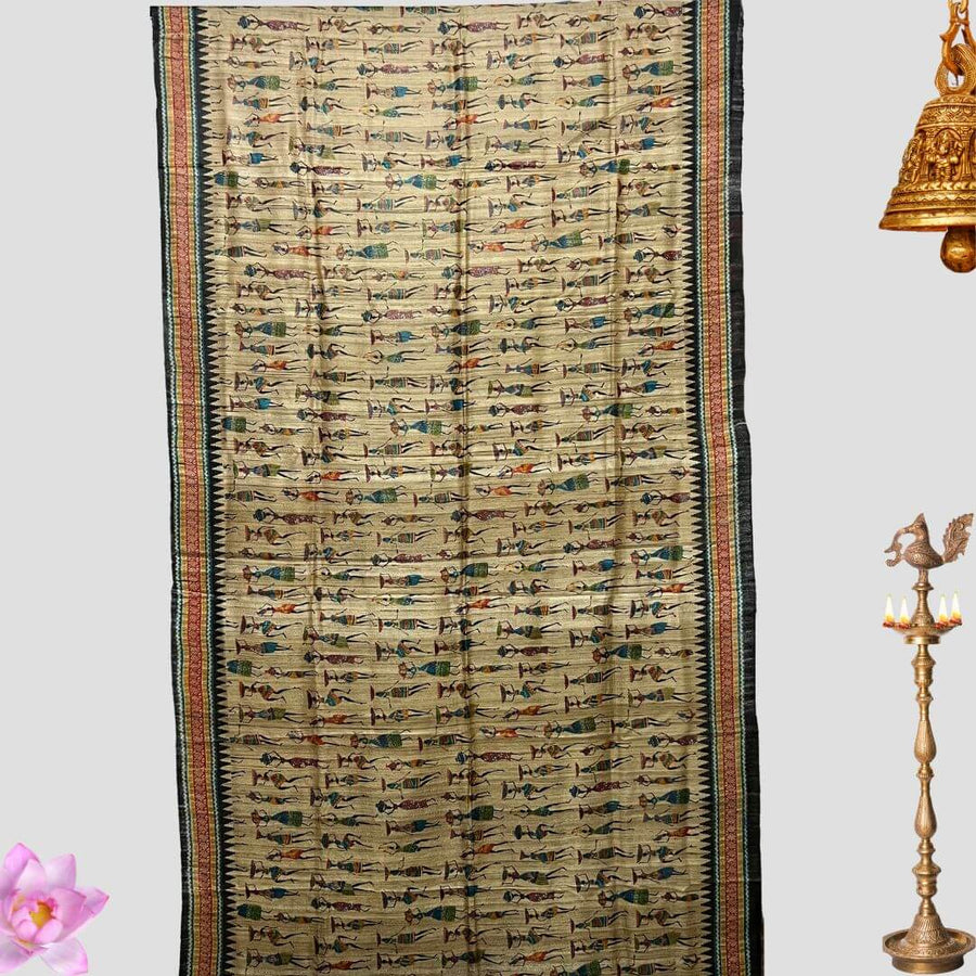 Hand Painted Tussar | Silk Saree (Tribal Design) - Dark Beige (Ghee) Colour - Taalapatra
