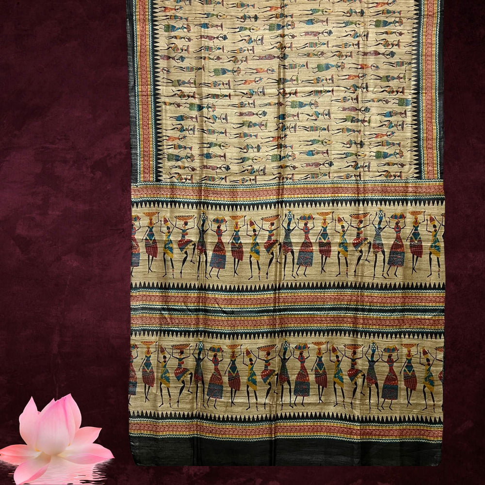Hand Painted Tussar | Silk Saree (Tribal Design) - Dark Beige (Ghee) Colour - Taalapatra