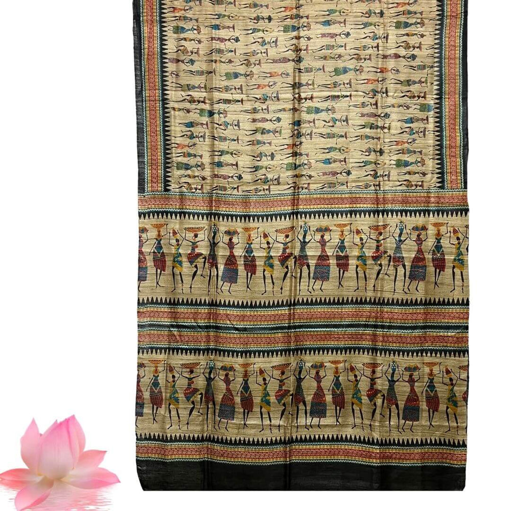 Hand Painted Tussar | Silk Saree (Tribal Design) - Dark Beige (Ghee) Colour - Taalapatra Vibes