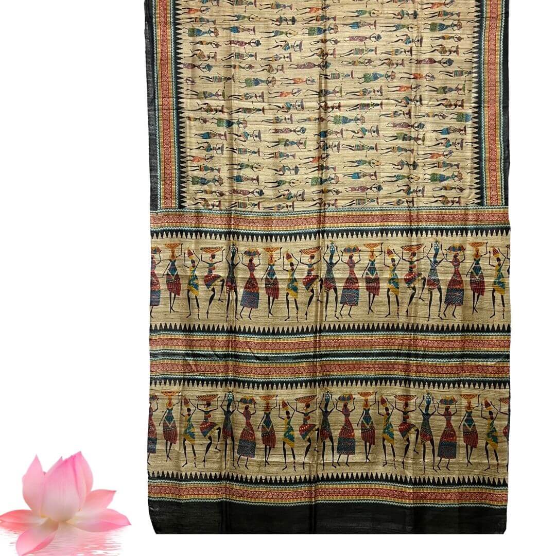 Hand Painted Tussar | Silk Saree (Tribal Design) - Dark Beige (Ghee) Colour - Taalapatra Vibes