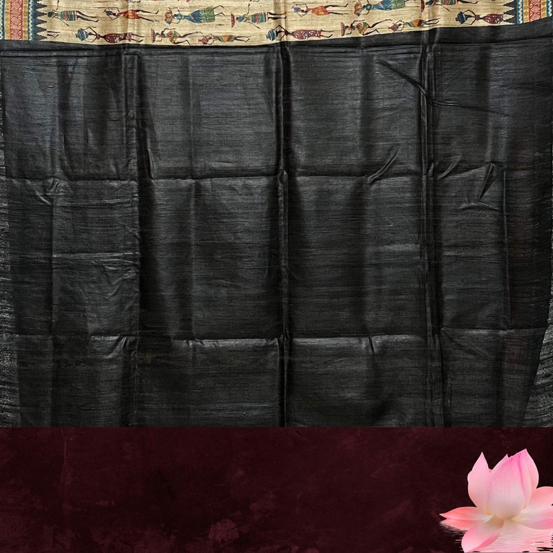 Hand Painted Tussar | Silk Saree (Tribal Design) - Dark Beige (Ghee) Colour - Taalapatra