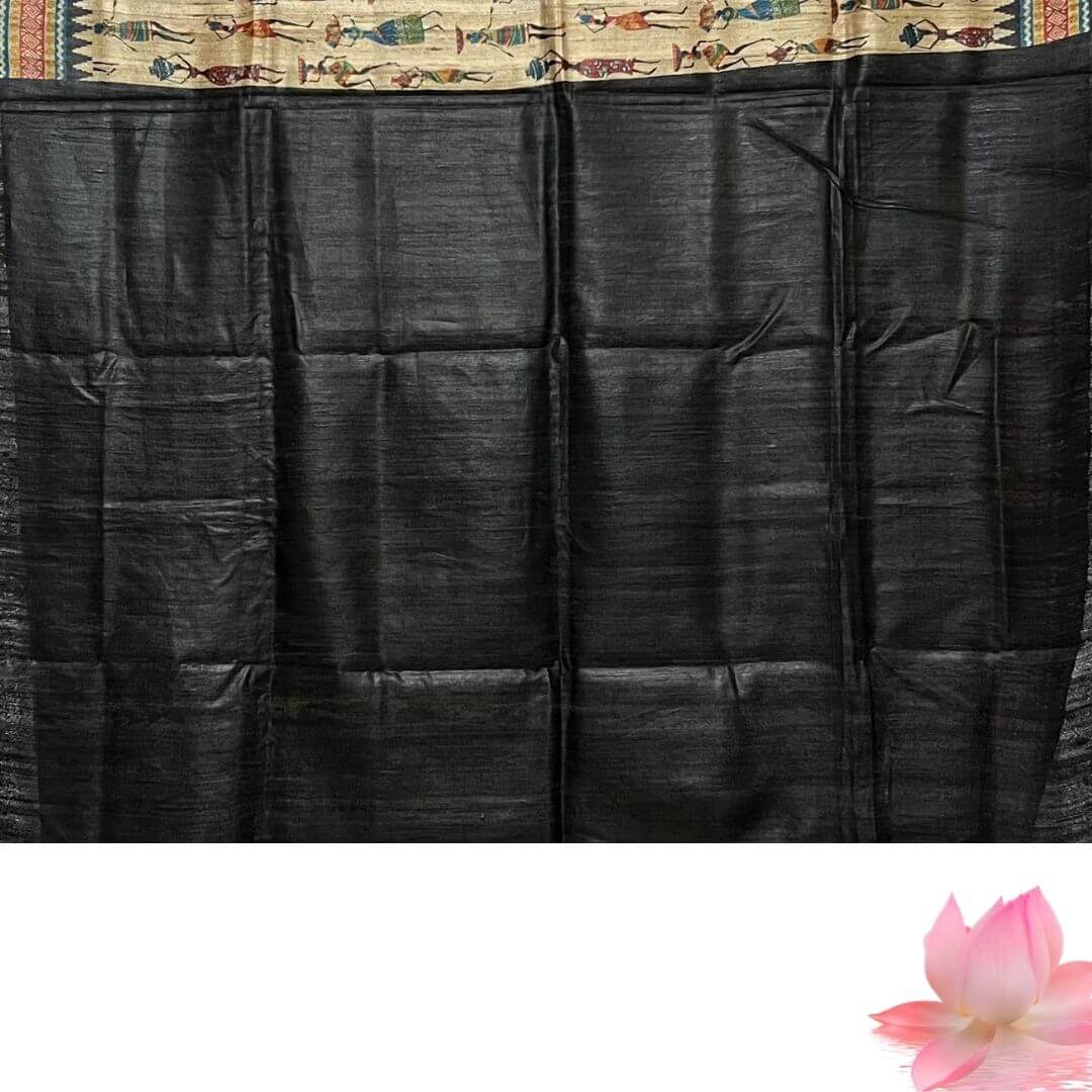 Hand Painted Tussar | Silk Saree (Tribal Design) - Dark Beige (Ghee) Colour - Taalapatra Vibes