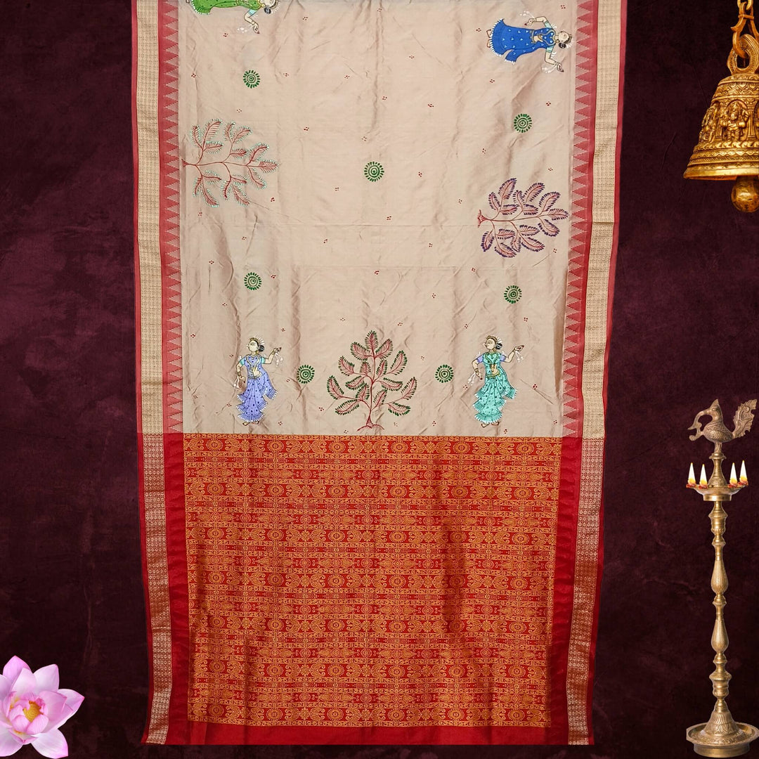 Hand Painted Pattachitra | Tussar Silk Saree (Dancing Women) - Light Peach Colour - Taalapatra