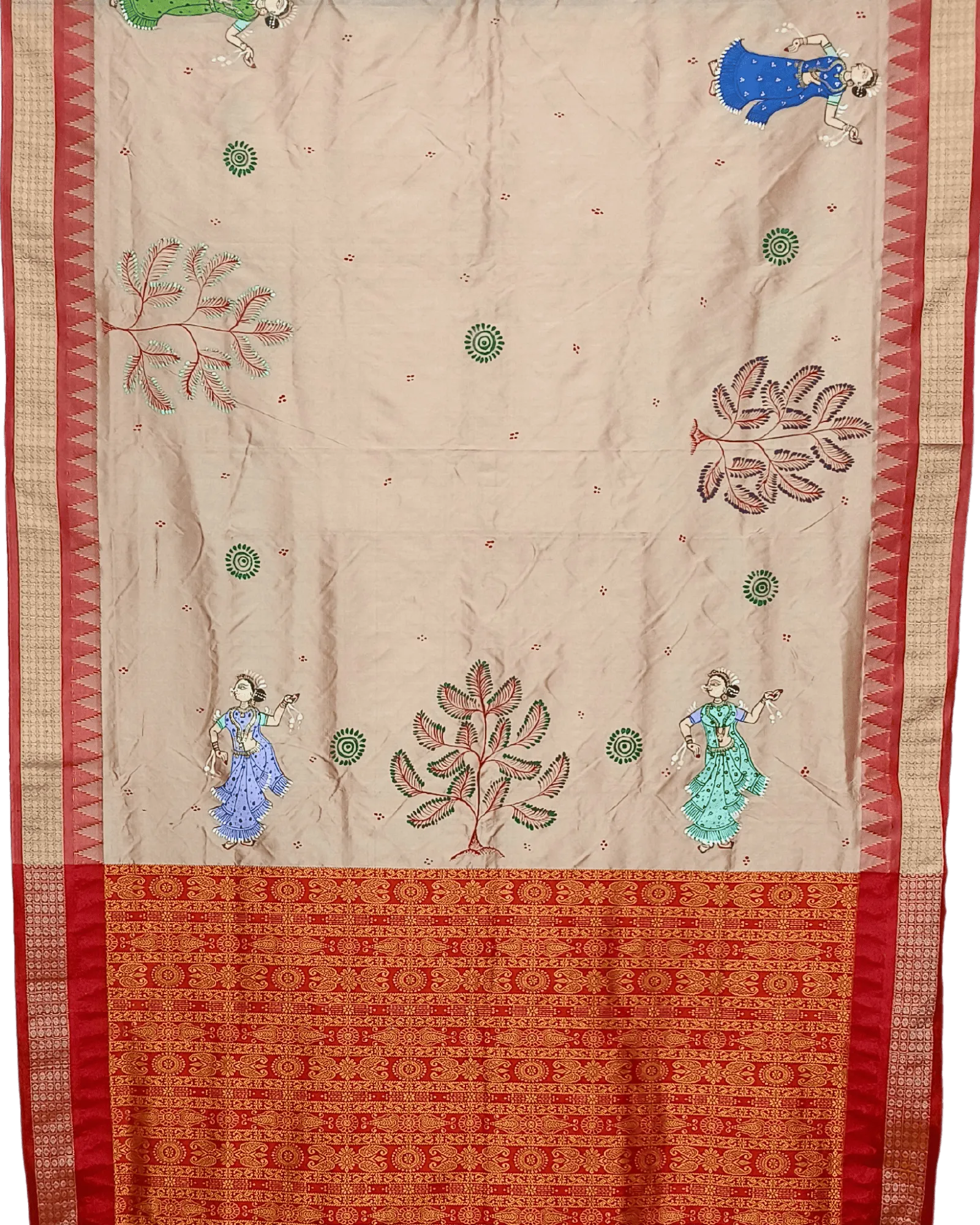 Light Peach Hand Painted Pattachitra Silk Saree