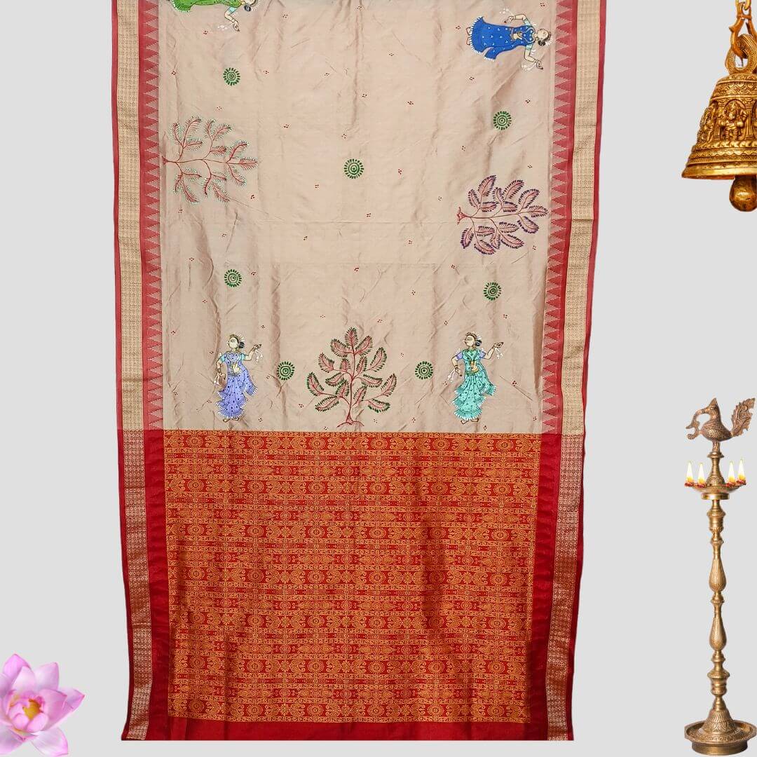 Hand Painted Pattachitra | Tussar Silk Saree (Dancing Women) - Light Peach Colour - Taalapatra