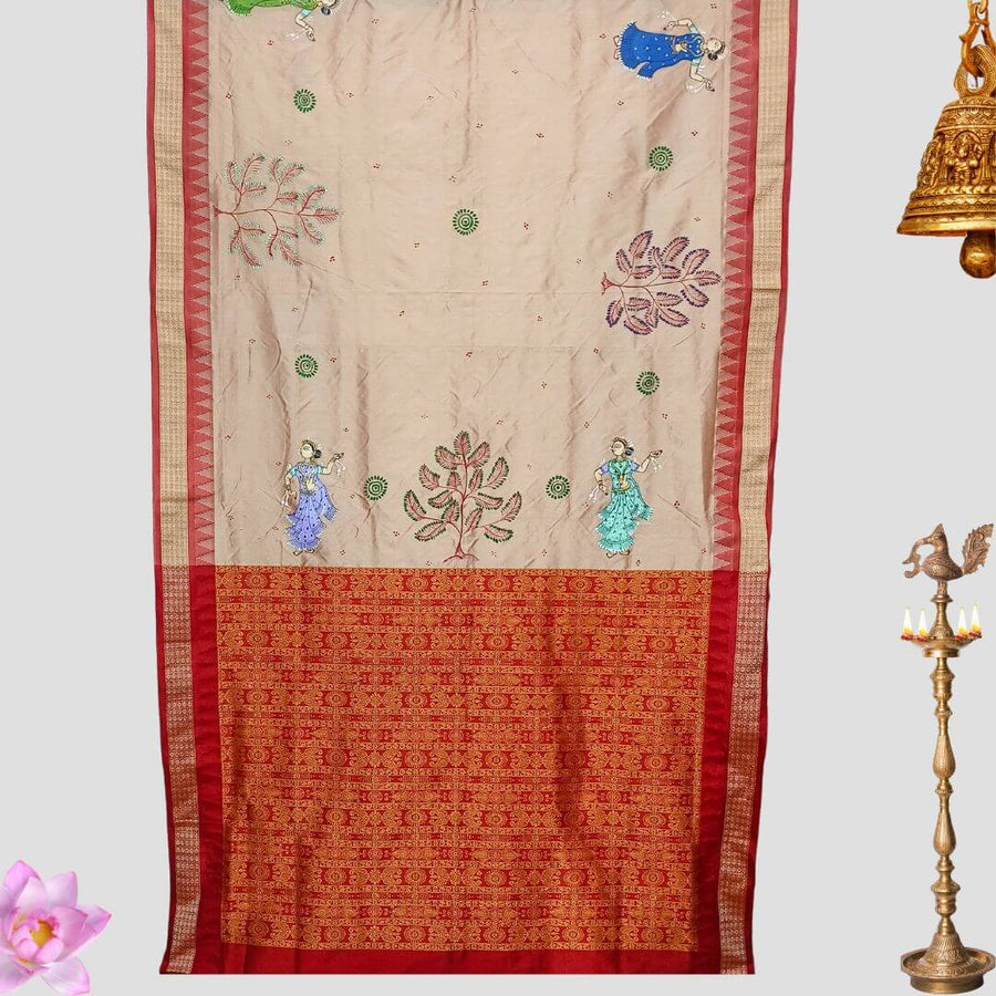 Hand Painted Pattachitra | Tussar Silk Saree (Dancing Women) - Light Peach Colour - Taalapatra