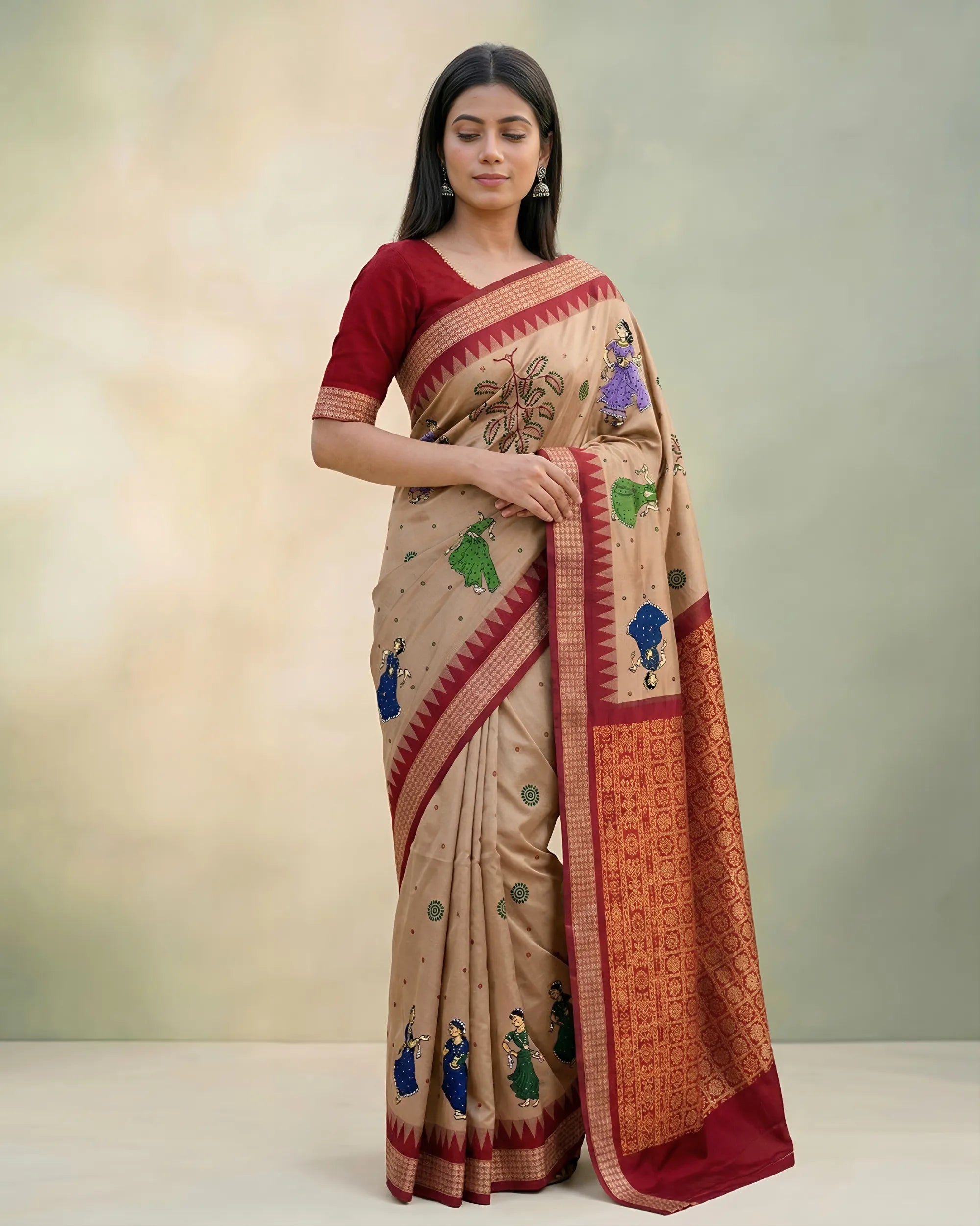 Light Peach Hand Painted Pattachitra Silk Saree