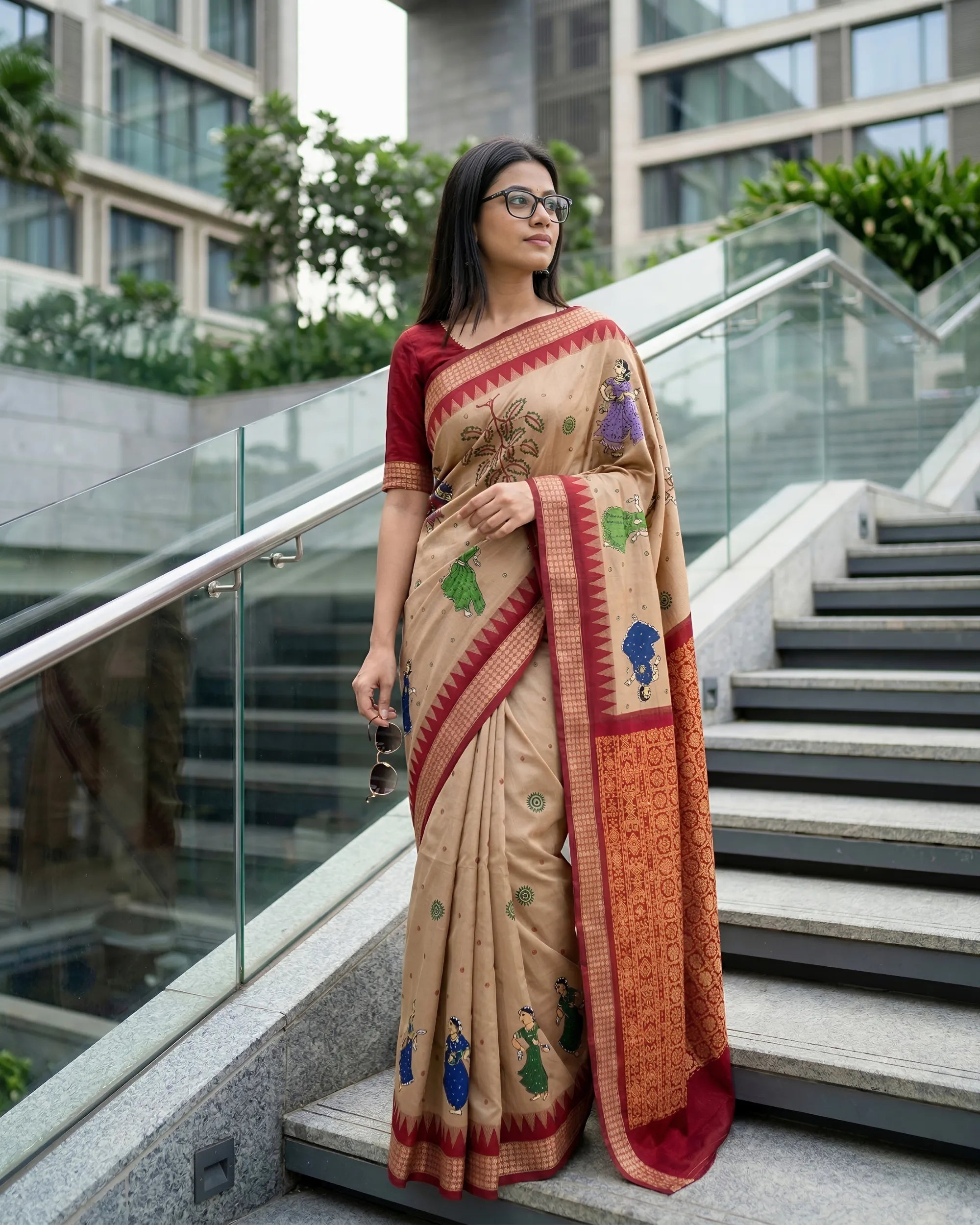 Light Peach Hand Painted Pattachitra Silk Saree