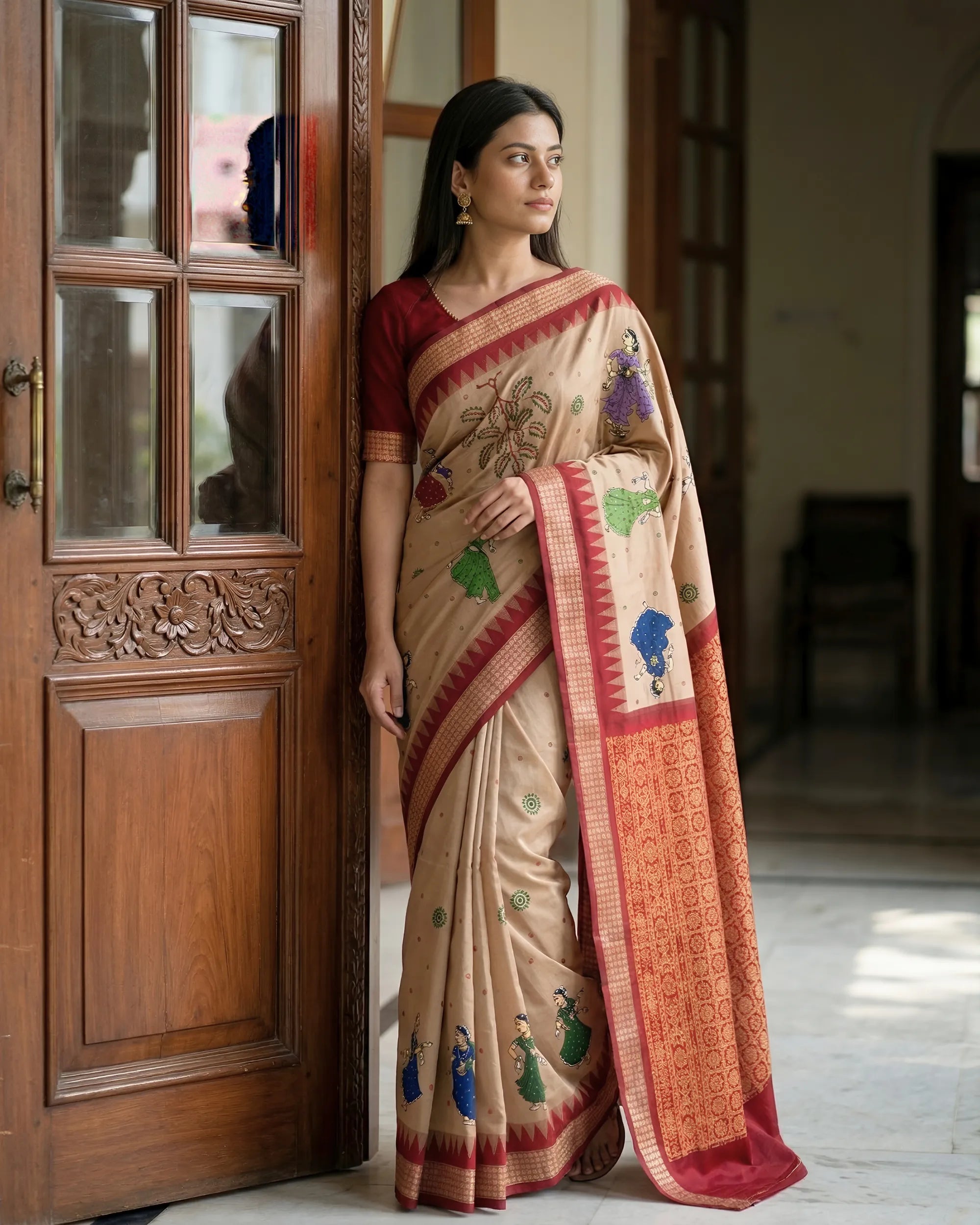 Light Peach Hand Painted Pattachitra Silk Saree