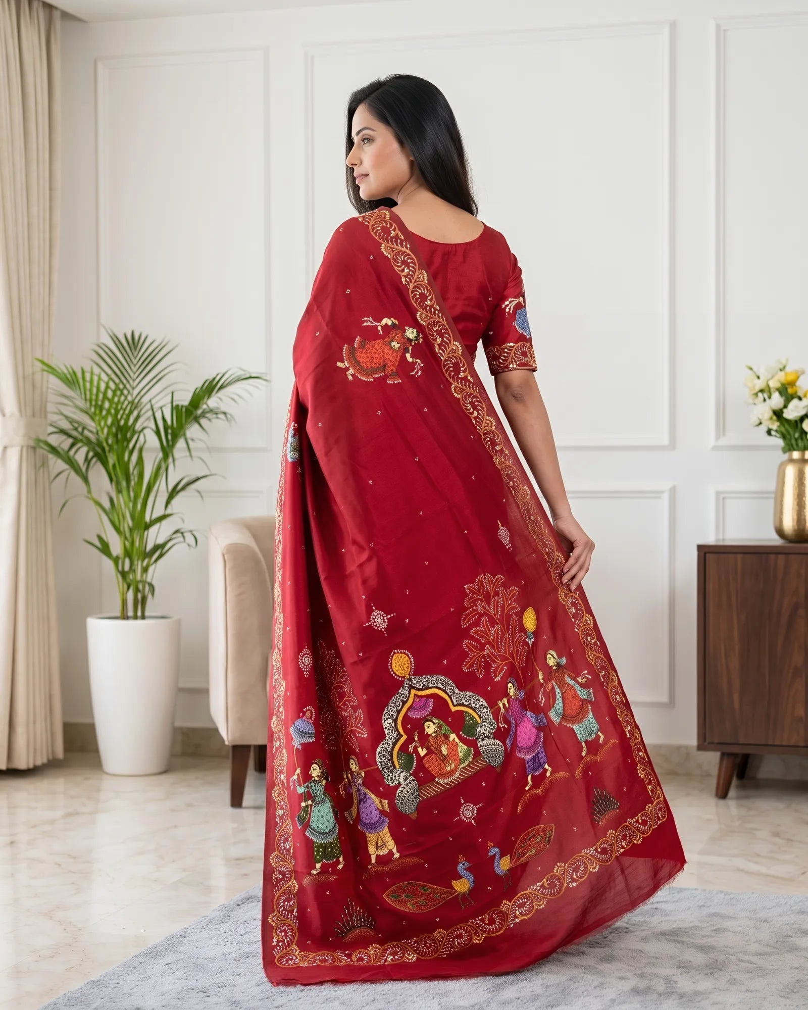 Taalapatra - Hand Painted Pattachitra | Silk Saree (Palki) - Red