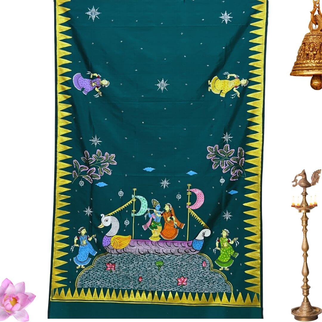Hand Painted Pattachitra | Silk Saree (Radha Krishna) - Cadmium Green Colour - Taalapatra Vibes