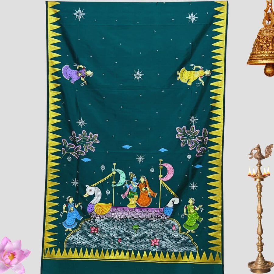 Hand Painted Pattachitra | Silk Saree (Radha Krishna) - Cadmium Green Colour - Taalapatra