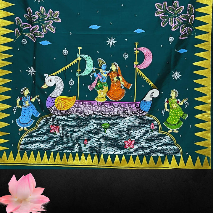 Hand Painted Pattachitra | Silk Saree (Radha Krishna) - Cadmium Green Colour - Taalapatra