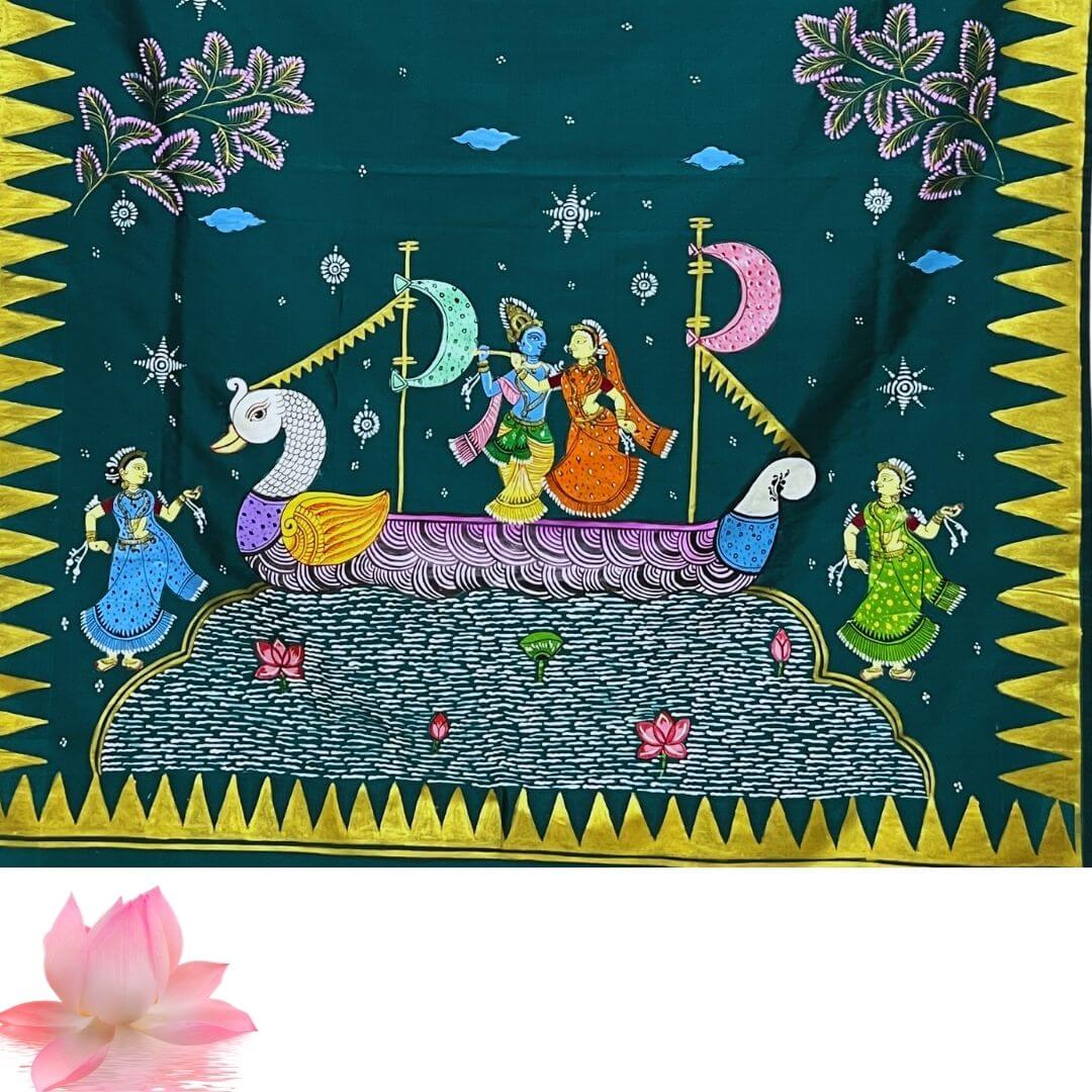 Hand Painted Pattachitra | Silk Saree (Radha Krishna) - Cadmium Green Colour - Taalapatra Vibes