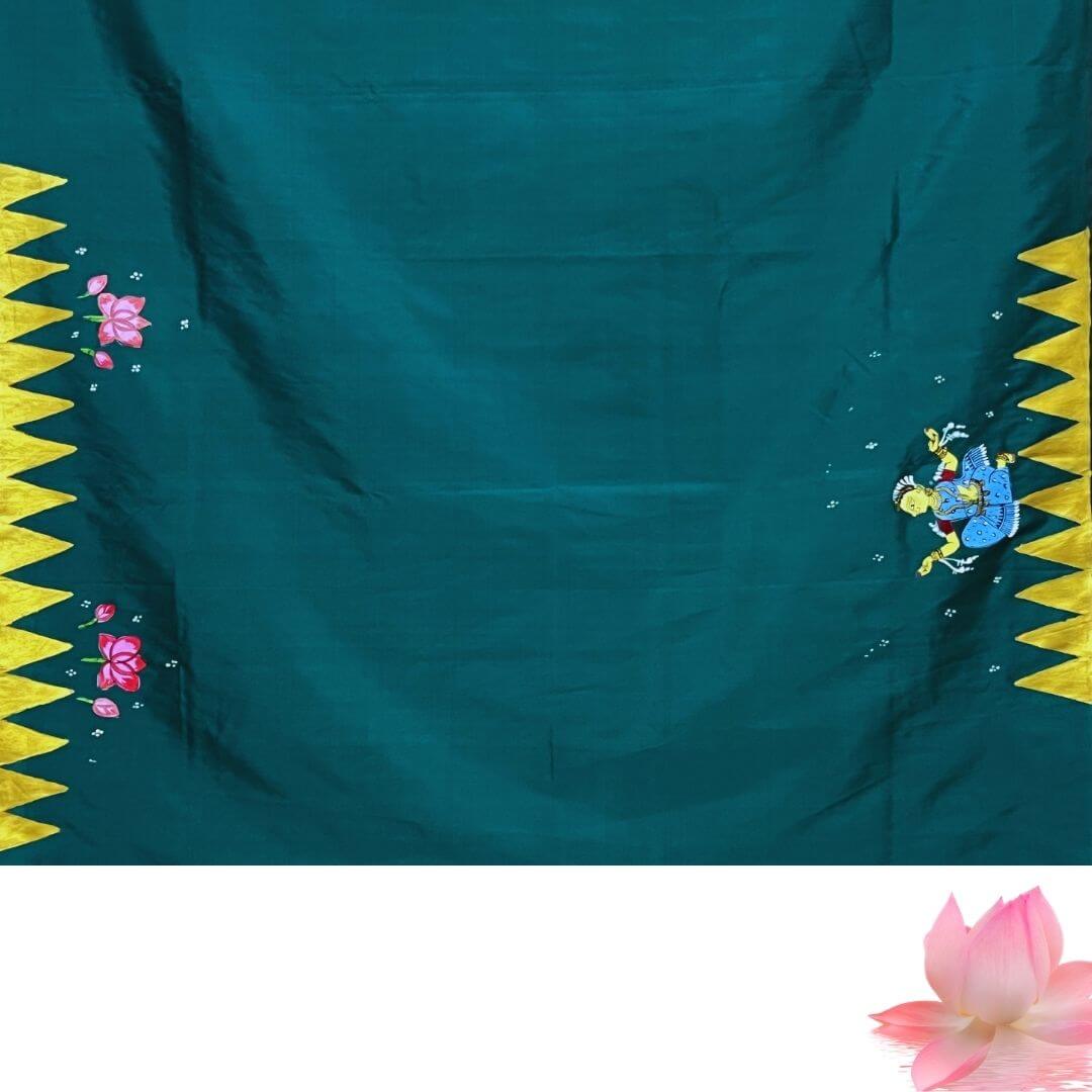 Hand Painted Pattachitra | Silk Saree (Radha Krishna) - Cadmium Green Colour - Taalapatra Vibes