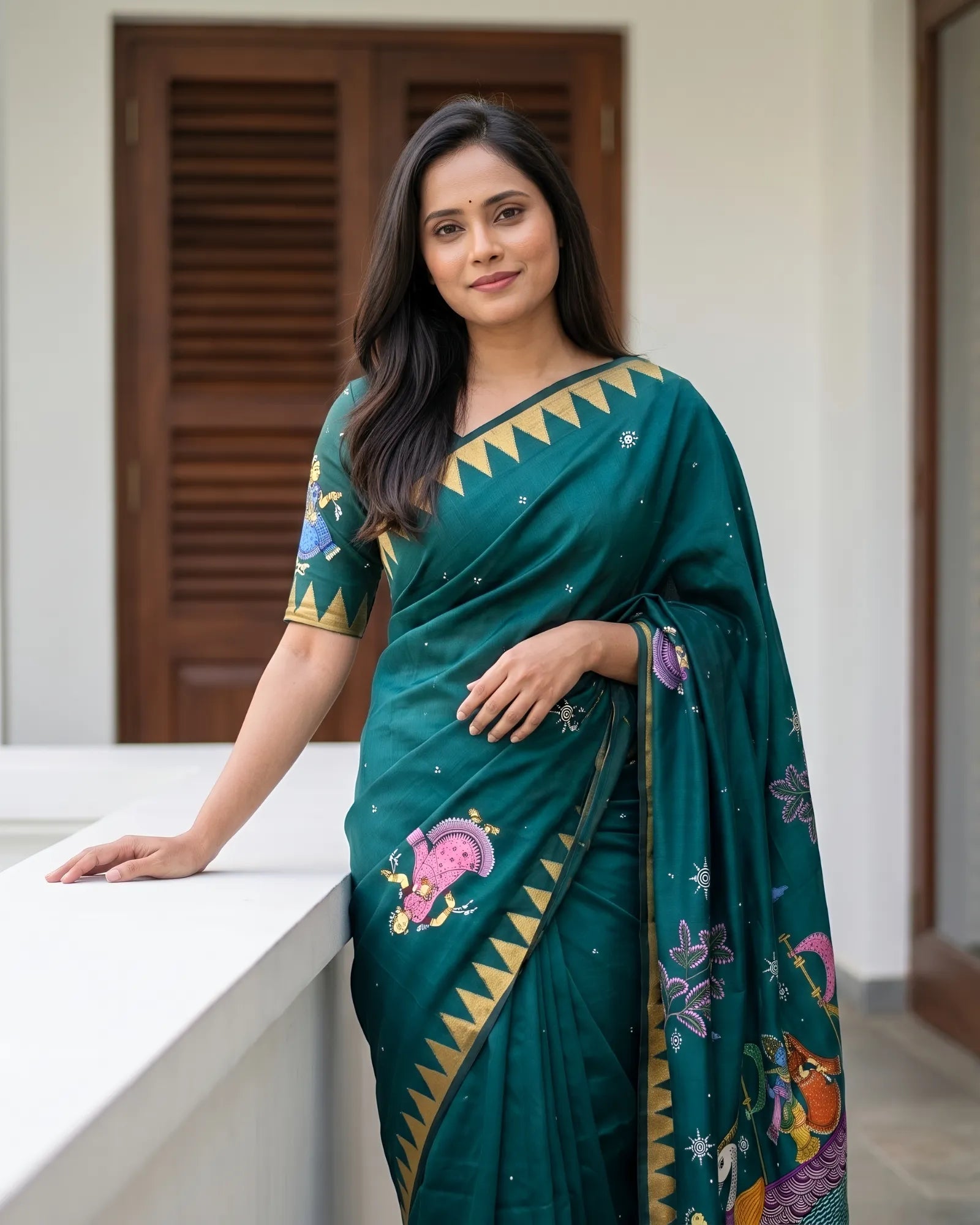 Hand Painted Pattachitra | Silk Saree (Radha Krishna) - Cadmium Green Colour - Taalapatra Vibes