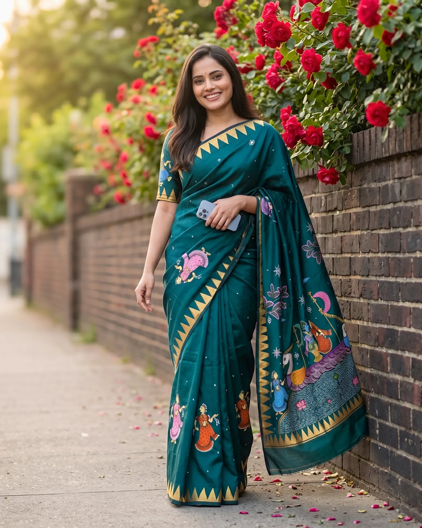 Hand Painted Pattachitra | Silk Saree (Radha Krishna) - Cadmium Green Colour - Taalapatra Vibes