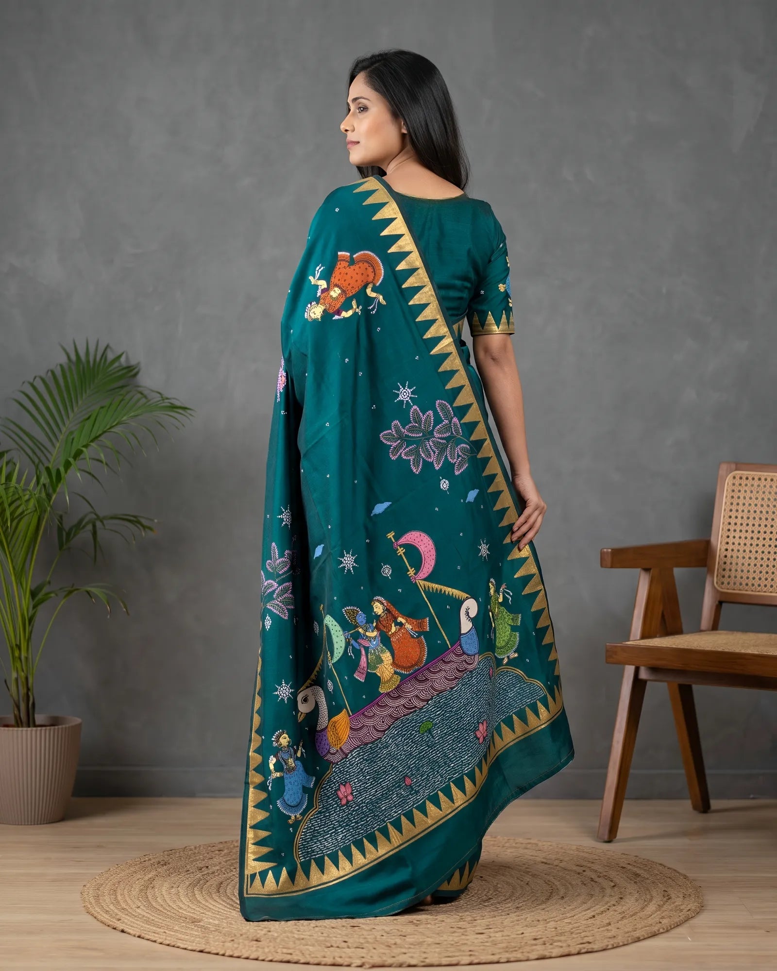 Hand Painted Pattachitra | Silk Saree (Radha Krishna) - Cadmium Green Colour - Taalapatra Vibes