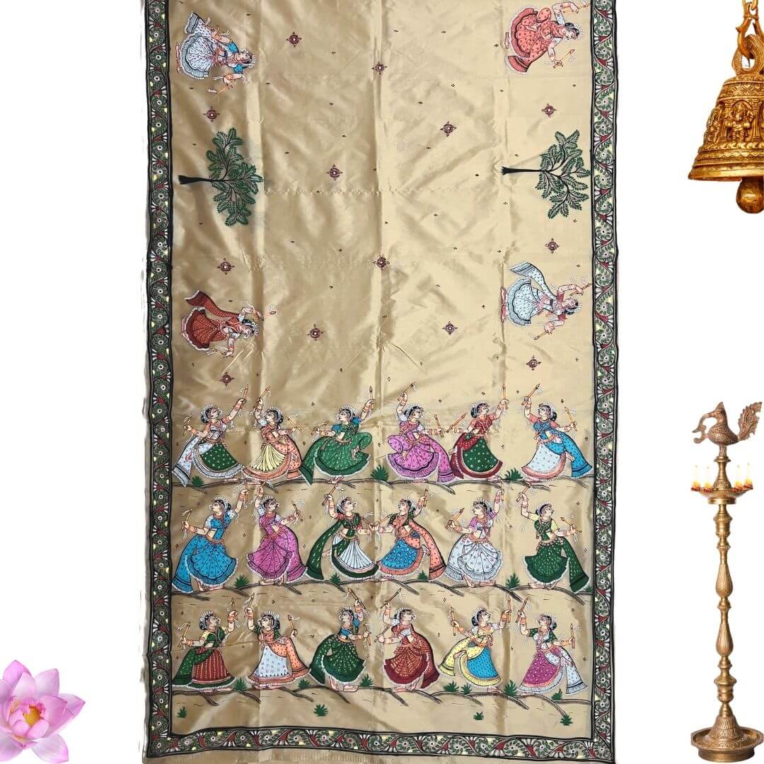 Taalapatra - Hand Painted Pattachitra | Tussar Silk Saree (Grp Dancing Women) - Beige Colour