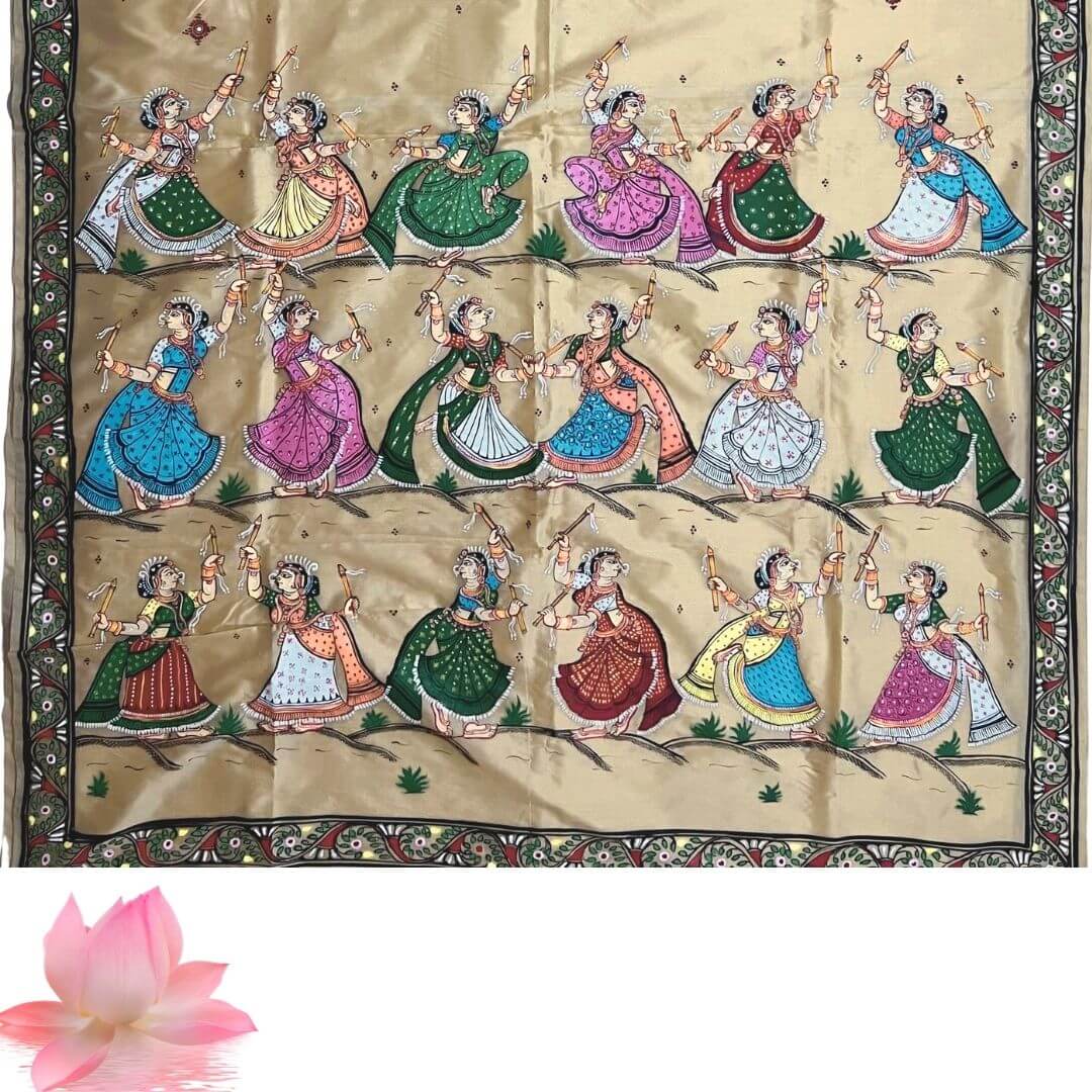 Taalapatra - Hand Painted Pattachitra | Tussar Silk Saree (Grp Dancing Women) - Beige Colour