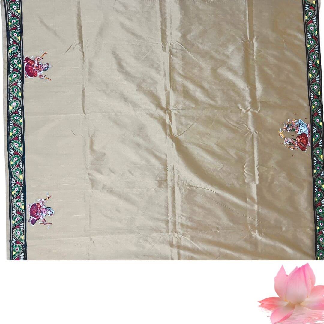 Taalapatra - Hand Painted Pattachitra | Tussar Silk Saree (Grp Dancing Women) - Beige Colour