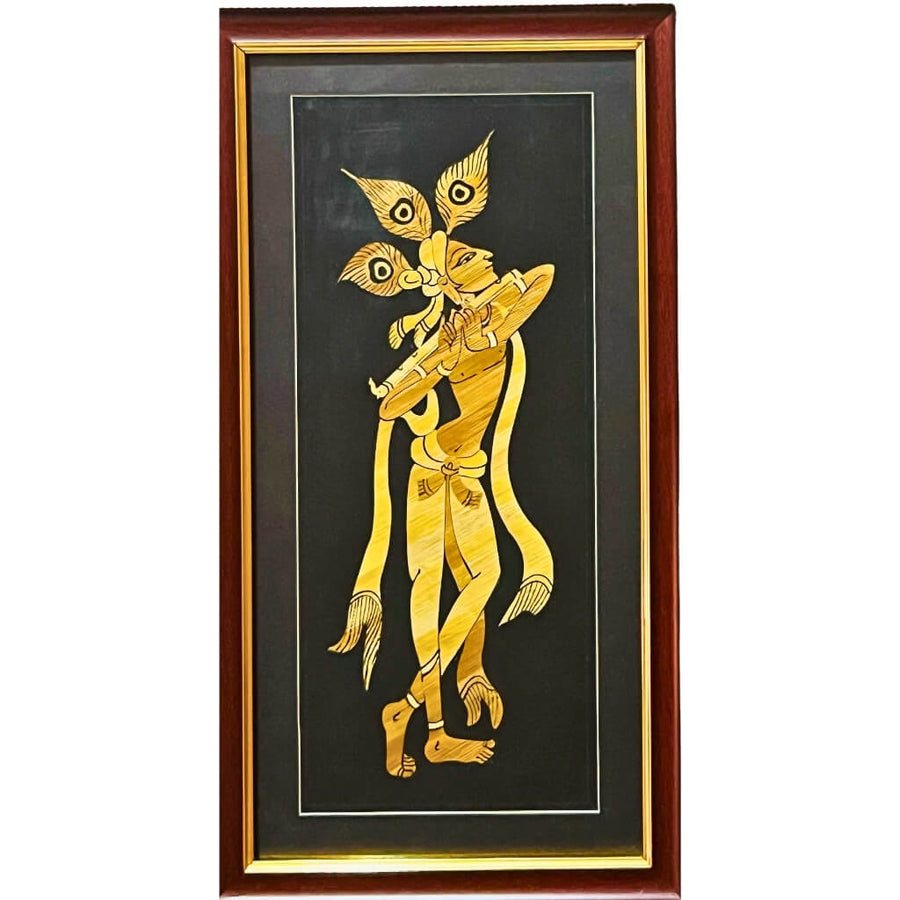 Straw Craft Painting | Shri Krishna with Flute - FRAMED - Taalapatra