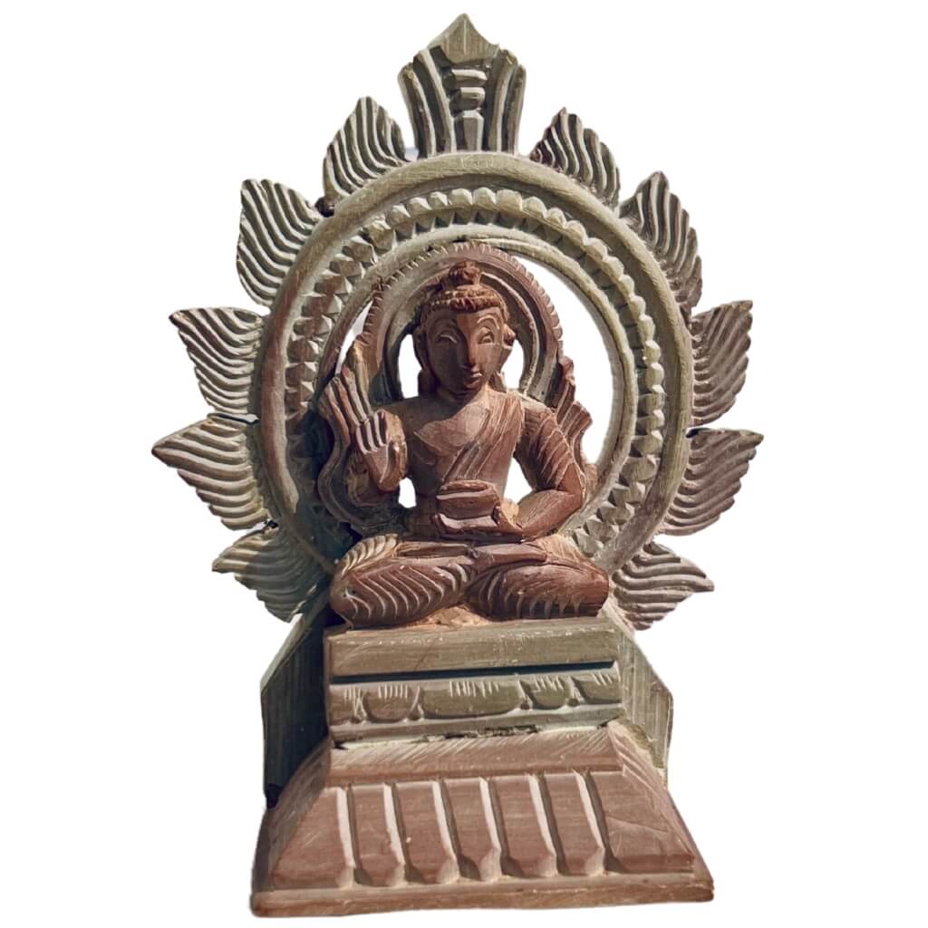 Handcrafted Stone Artefact | Lord Buddha Sitting on High Simhasana Posture (Design 1) - Taalapatra Vibes