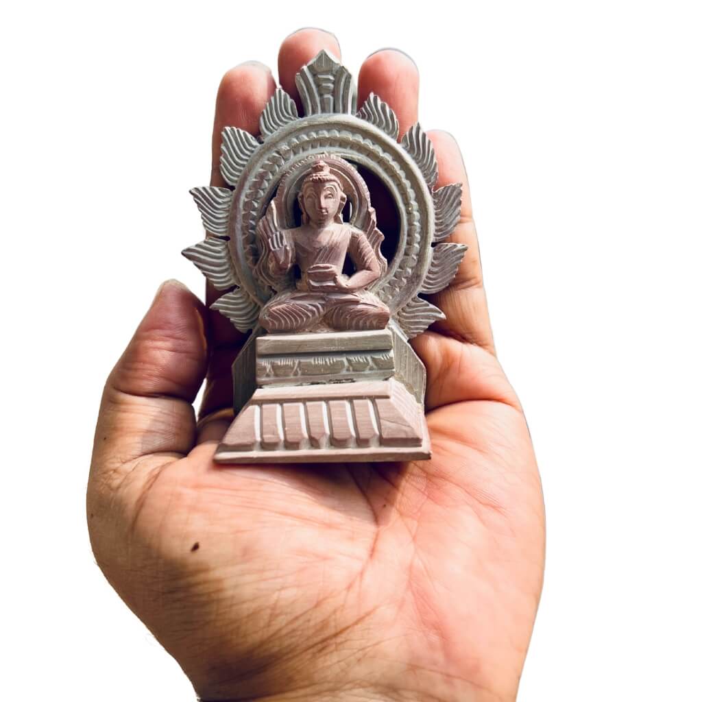 Handcrafted Stone Artefact | Lord Buddha Sitting on High Simhasana Posture (Design 1) - Taalapatra Vibes