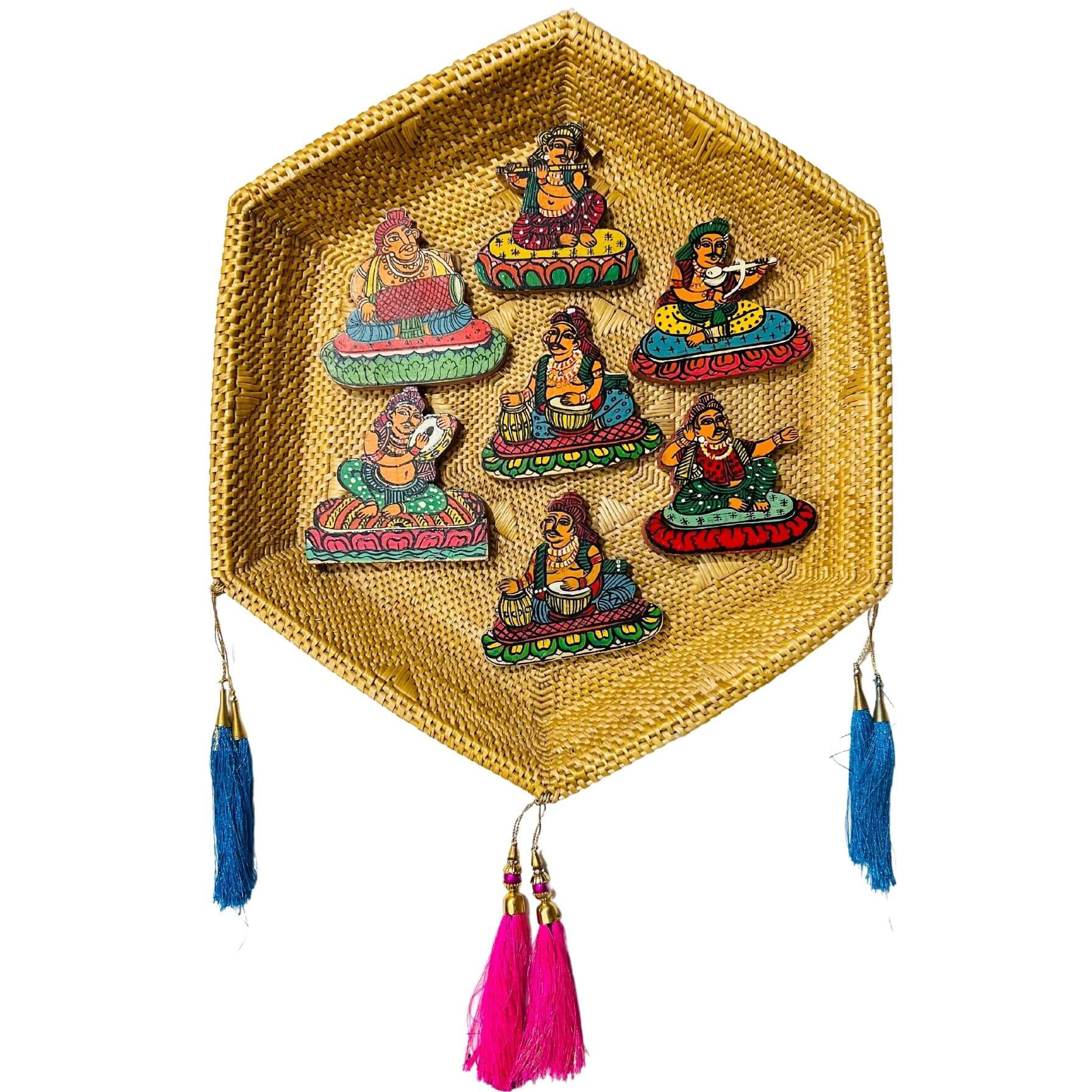 Handwoven Golden Grass Wall Hanging | Musicians Painted on Wood Cuts - Taalapatra Vibes