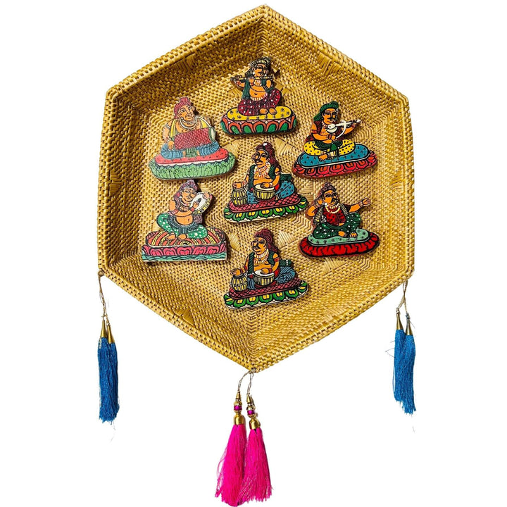 Handwoven Golden Grass Wall Hanging | Musicians Painted on Wood Cuts - Taalapatra