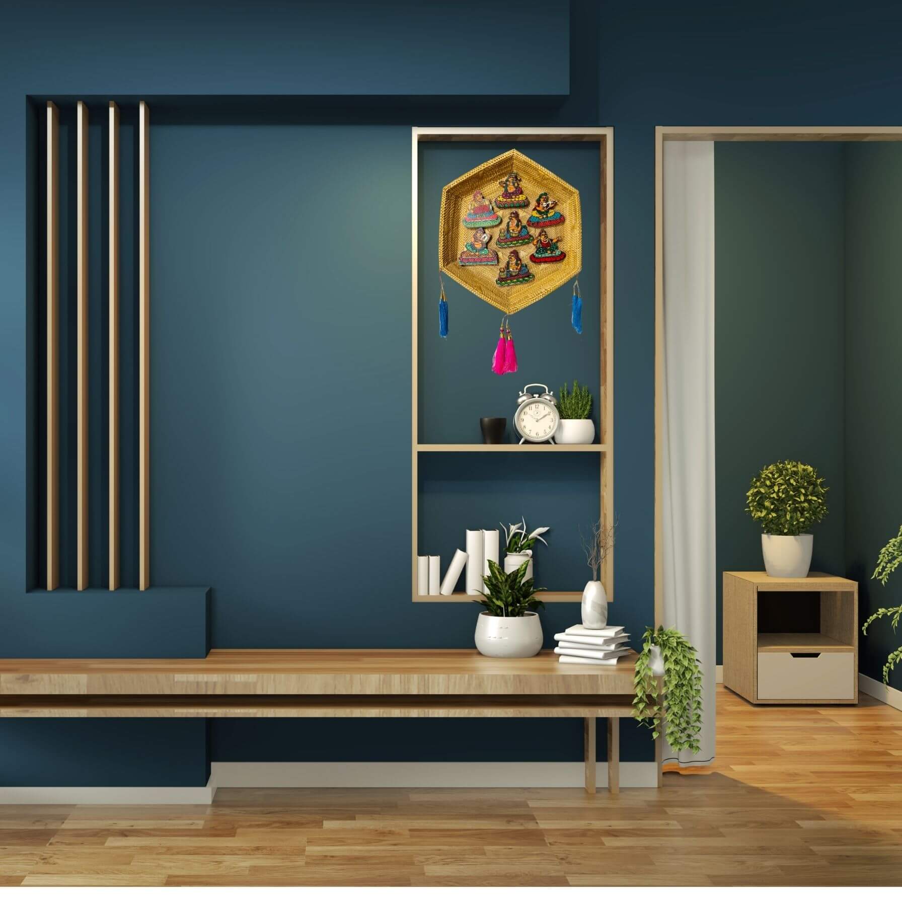 Handwoven Golden Grass Wall Hanging | Musicians Painted on Wood Cuts - Taalapatra Vibes