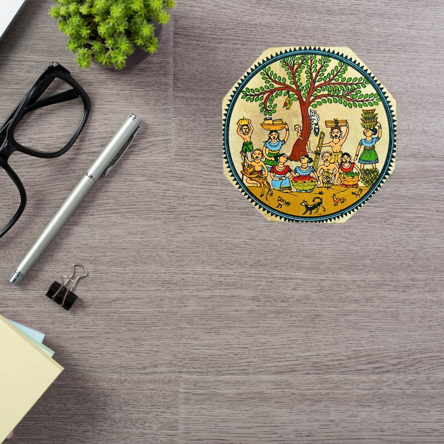 Fabric Coated Wooden Coaster | Pattachitra Art on Villagers Under a Tree - Octagonal (set of 3) - Taalapatra Vibes