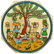 Fabric Coated Wooden Coaster | Pattachitra Art on Villagers Under a Tree - Octagonal (set of 3) - Taalapatra Vibes