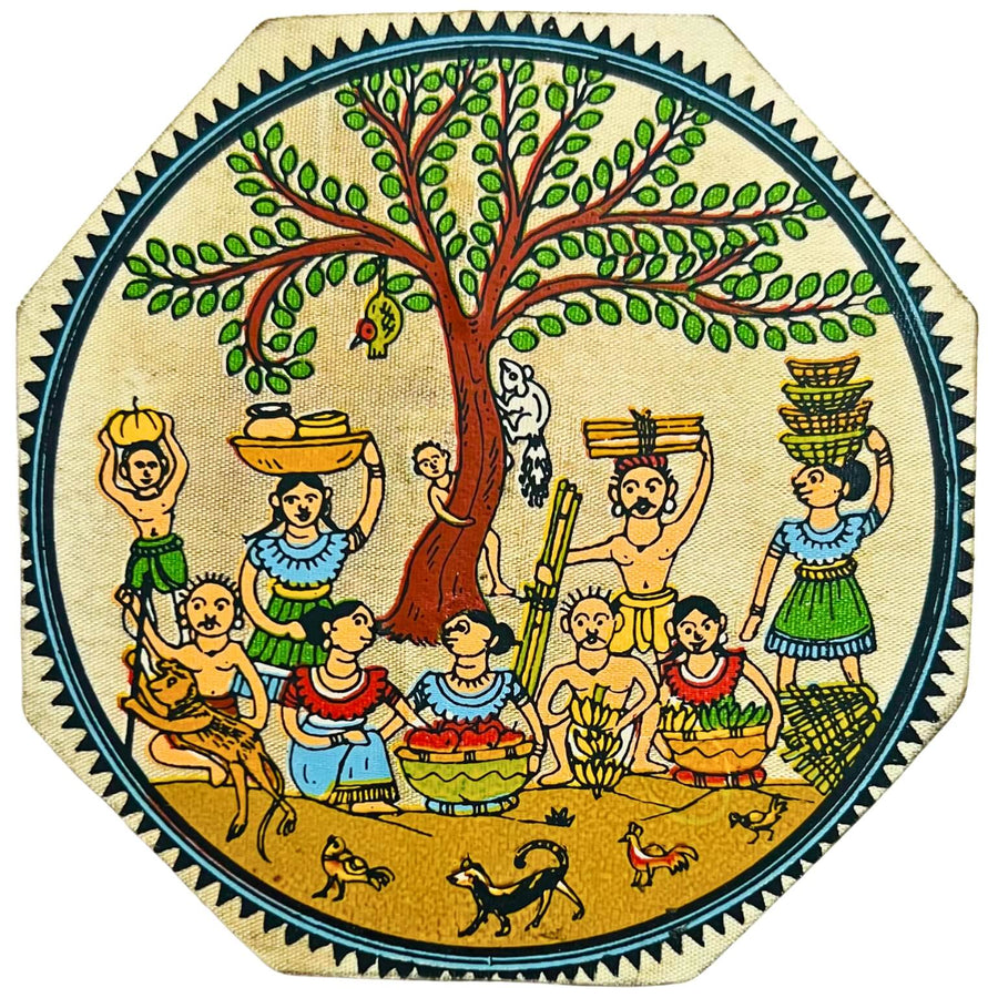 Fabric Coated Wooden Coaster | Pattachitra Art on Villagers Under a Tree - Octagonal (set of 3) - Taalapatra