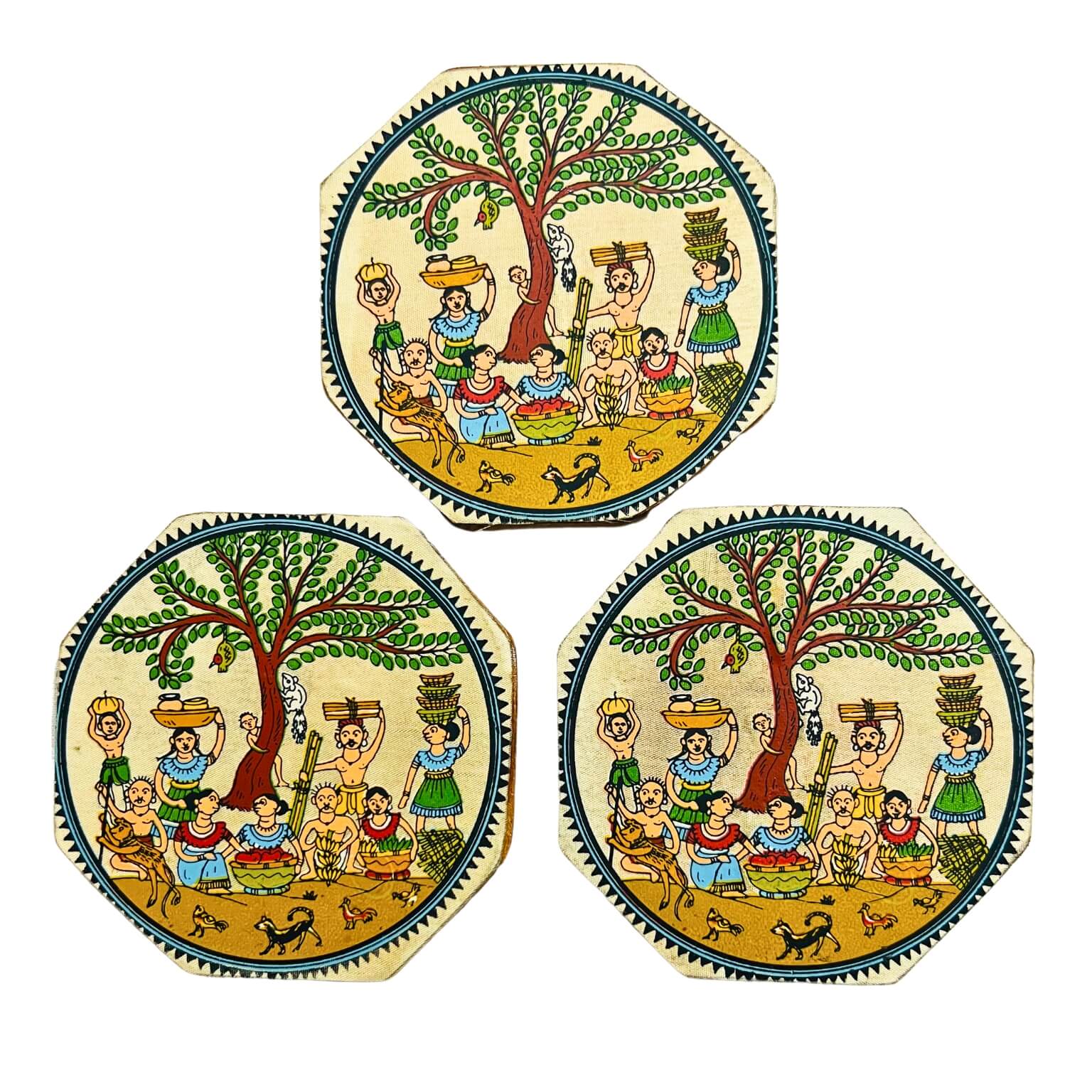 Fabric Coated Wooden Coaster | Pattachitra Art on Villagers Under a Tree - Octagonal (set of 3) - Taalapatra Vibes
