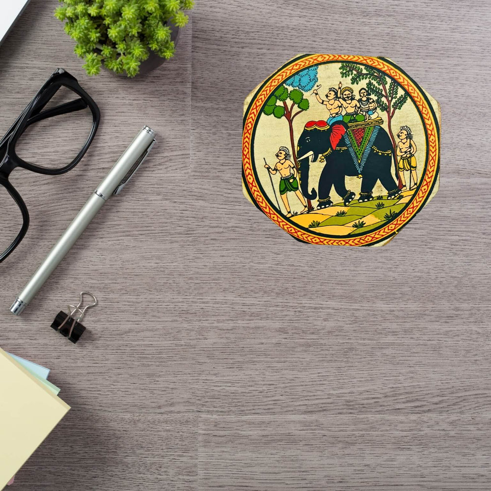 Fabric Coated Wooden Coaster | Pattachitra Art on Elephant Ride - Octagonal (set of 4) - Taalapatra