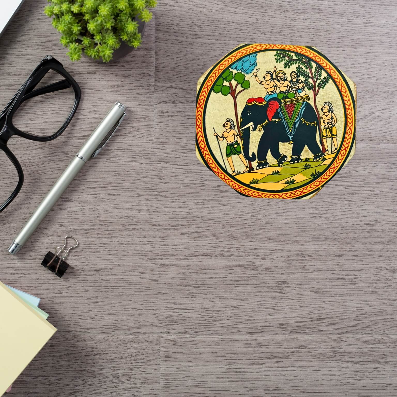Fabric Coated Wooden Coaster | Pattachitra Art on Elephant Ride - Octagonal (set of 4) - Taalapatra Vibes