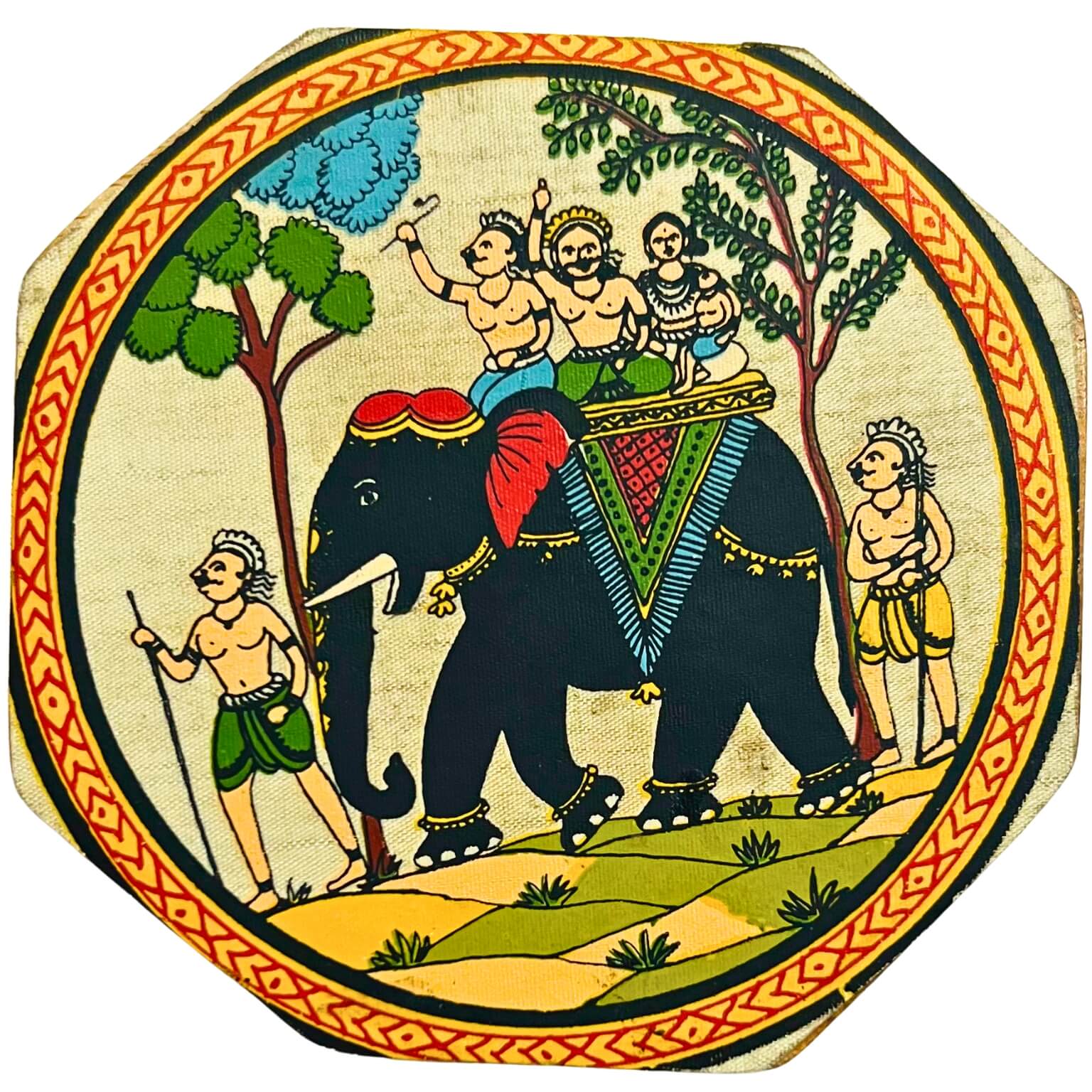 Fabric Coated Wooden Coaster | Pattachitra Art on Elephant Ride - Octagonal (set of 4) - Taalapatra Vibes