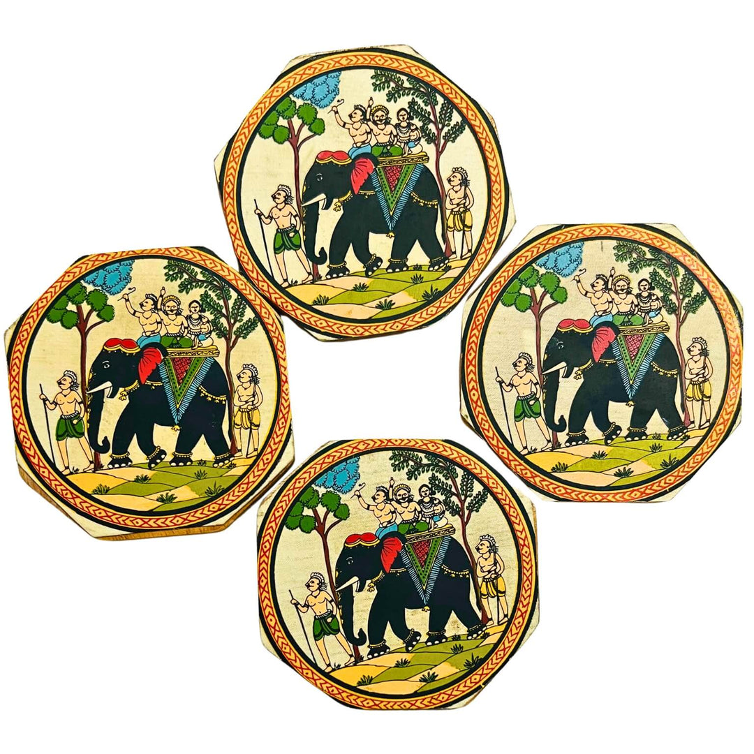 Fabric Coated Wooden Coaster | Pattachitra Art on Elephant Ride - Octagonal (set of 4) - Taalapatra