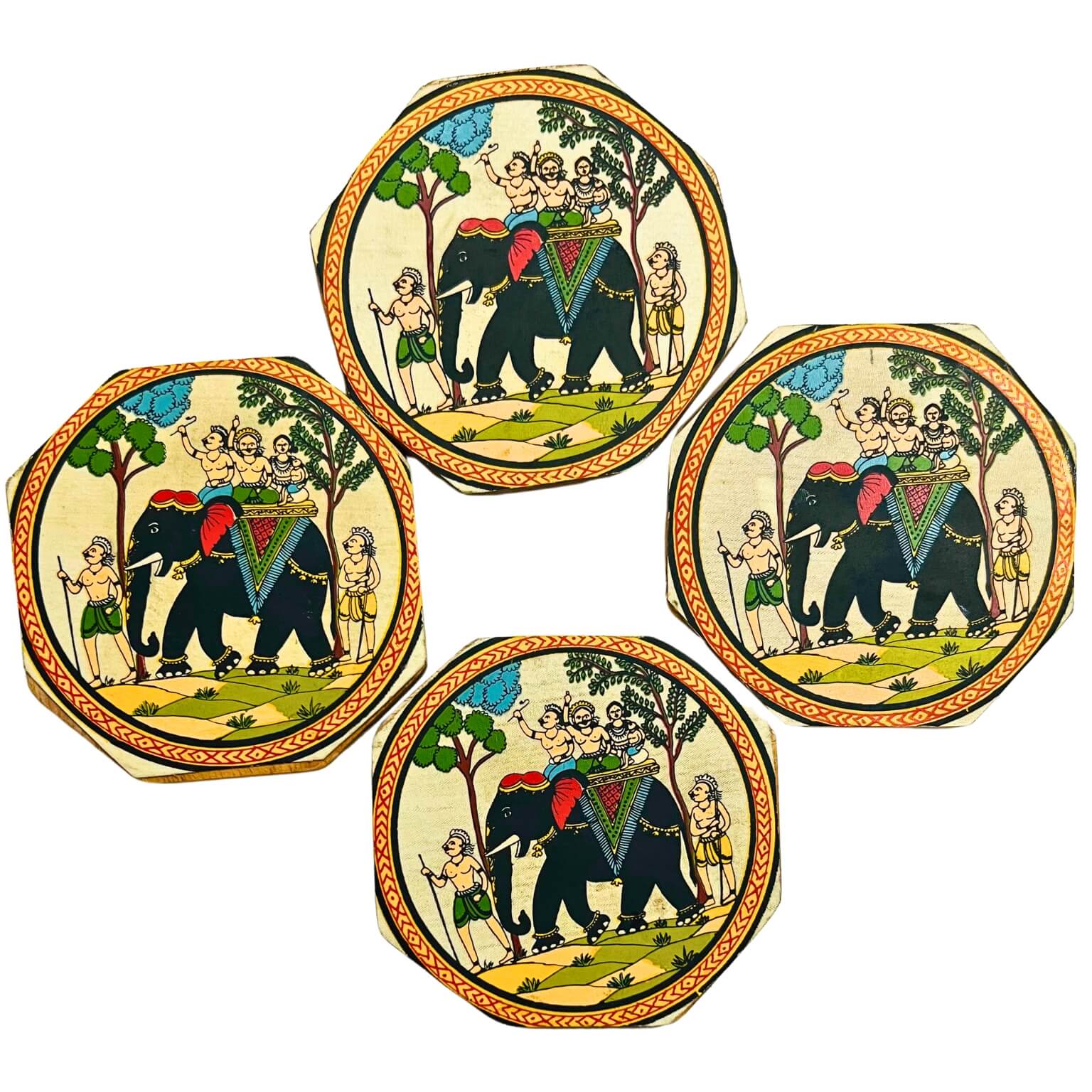 Fabric Coated Wooden Coaster | Pattachitra Art on Elephant Ride - Octagonal (set of 4) - Taalapatra Vibes