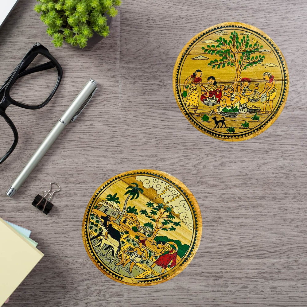 Palm Leaf Coated Wooden Coaster | Pattachitra Art (Villagers Theme) - Set of 5 - Taalapatra