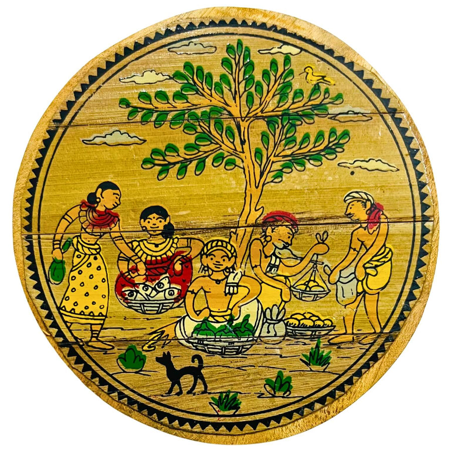 Palm Leaf Coated Wooden Coaster | Pattachitra Art (Villagers Theme) - Set of 5 - Taalapatra